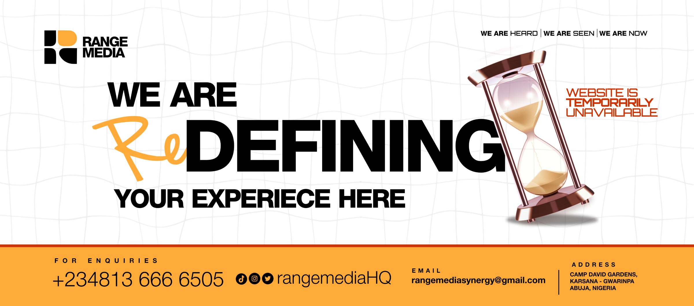 Range Media Synergy. We are heard, we are seen, we are now. We are redefining your experience here. Website is temporarily unavailable. For enquiries call +234 813 666 6505, find us on social media as rangemediaHQ, or email rangemediasynergy@gmail.com. Address: Camp David Gardens, Karsana - Gwarinpa, Abuja, Nigeria.